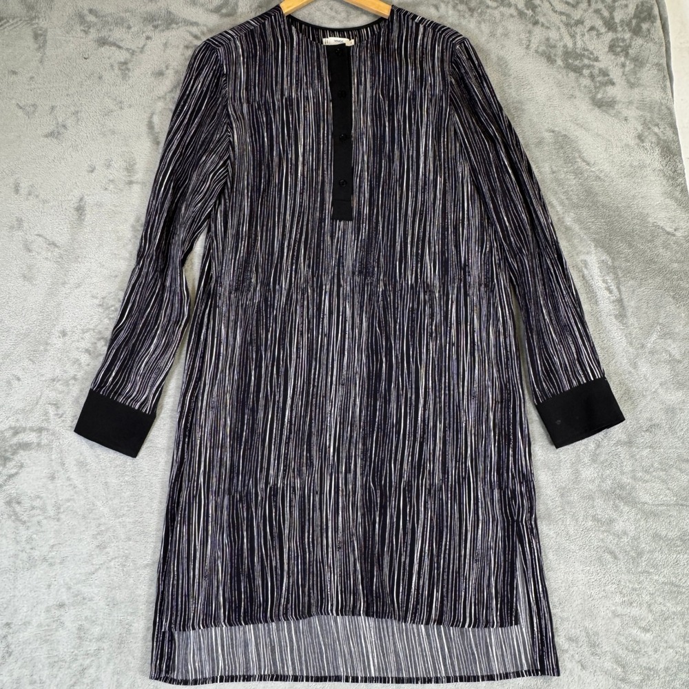 Vince 100% Silk Abstract Stripe Tunic Dress Black White Long Sleeve Medium